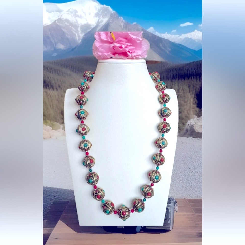 Chunky & Heavy Ethnic Style Tibetan Silver & Stones Beads Handmade Necklace 23in